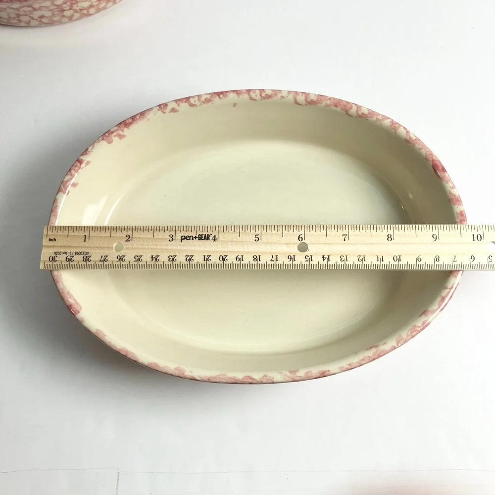 2 Roseville Pink Spongeware Pottery Oval Dish/Bowls by Gerald E. Henn 10